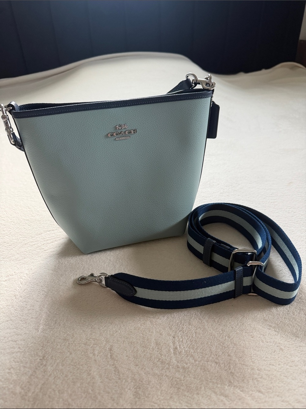 Coach Light Blue Pebble Leather Mini Bucket Bag